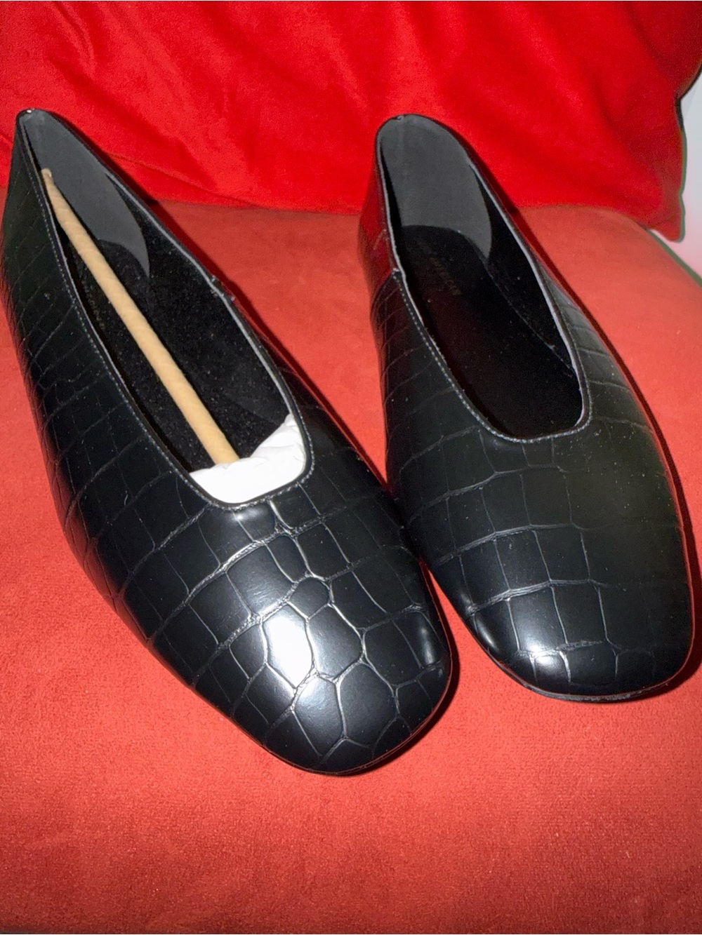 Good American Black Croc-Embossed Slip-On Flats